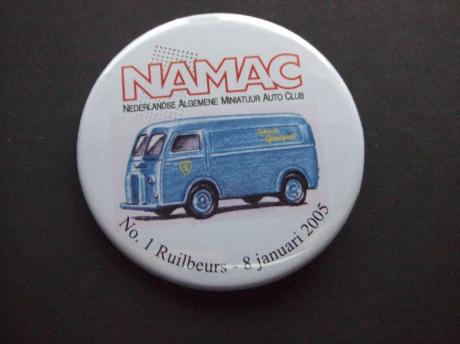 NAMAC ruilbeurs voor miniatuurauto's in Houten, No1, 8-1-2005.Peugeot D3 of D4 , bestelwagen 1950 - 1965 blauw